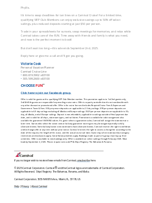 Carnival Cruise Line - Your PVP has an Exclusive Offer for Qualifying VIFP Members! Carnival Sale Ends Soon!