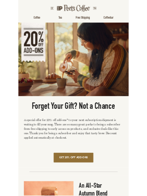 Peet's Coffee - 20% off add-ons awaits