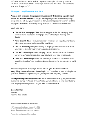 Positive Real Estate - Invitation: Tonight's 2025 Property Investor Masterclass