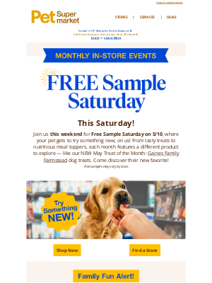 Pet Supermarket - Don’t miss FREE Sample Saturday ✨ This Weekend!