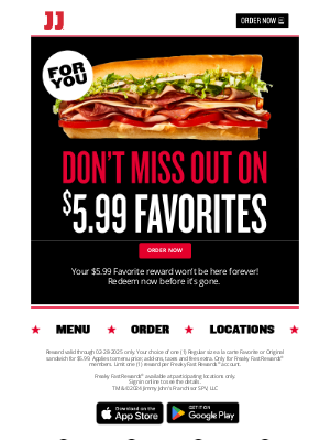 Jimmy John's - $5.99 Favorite reward expires soon ⌛