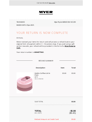 MYER (Australia) - Your Return Has Been Processed