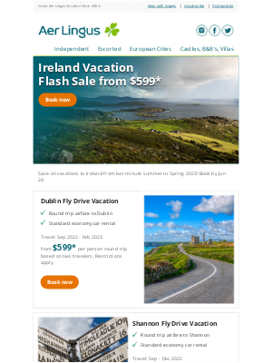 Aer Lingus - Ireland Vacation Flash Sale w/Airfare from $599*