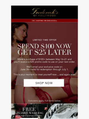 Frederick's of Hollywood - LAST CHANCE: Earn $25 Off a Future Purchase