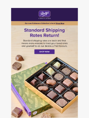 Purdys Chocolatier - Standard shipping rates are back!