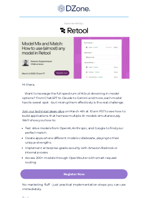 DZone - Don't Miss This Live Event! Model Mix and Match: Build AI Apps With (Almost) any LLM