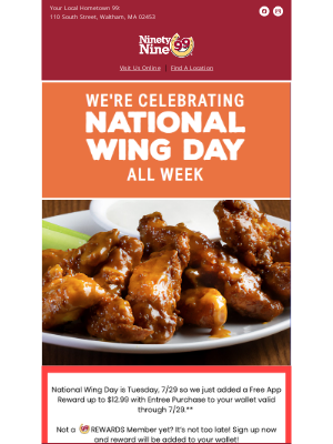 99 Restaurants - Celebrate Wing Day with a Free App Reward AND eCard Savings!