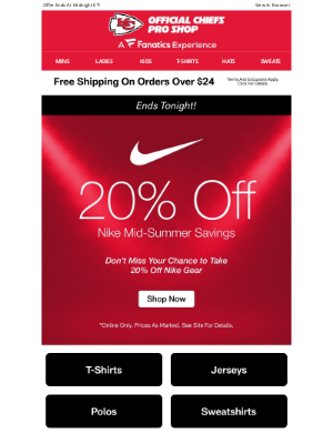 Kansas City Chiefs - Last Day To Save 20% On Nike + Free Shipping!
