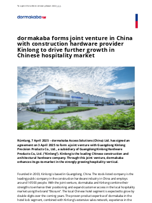 dormakaba - dormakaba forms joint venture in China with construction hardware provider Kinlong to drive further growth in Chinese hospitality market