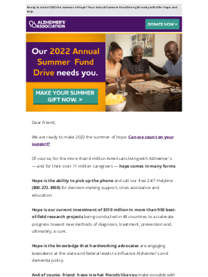 Alzheimer’s Association - Will you help make our 2022 Annual Summer Fund Drive a success?