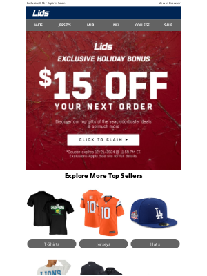 LIDS - Holiday Bonus | Claim $15 Off Today