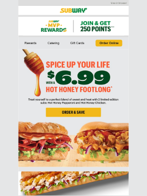 Subway - $6.99 Footlong 🐝 NEW! Hot Honey subs