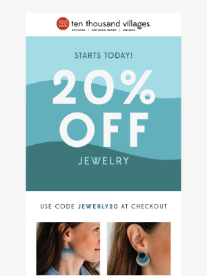 Ten Thousand Villages - 20% off handcrafted jewelry starts today ✨