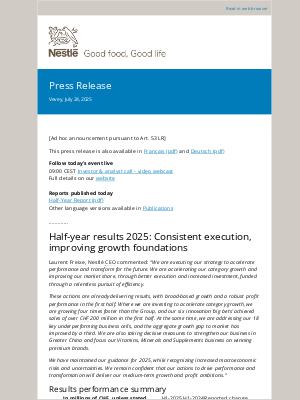 Nestle - Half-year results 2025: Consistent execution, improving growth foundations