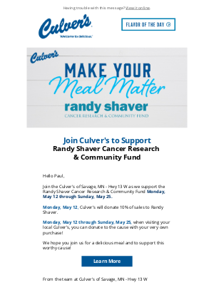 Culver's - Help Culver's Make a Difference - Support the Randy Shaver Fund Today!
