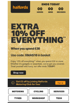 Halfords (United Kingdom) - Extra 10% off everything ends MIDNIGHT ⏰