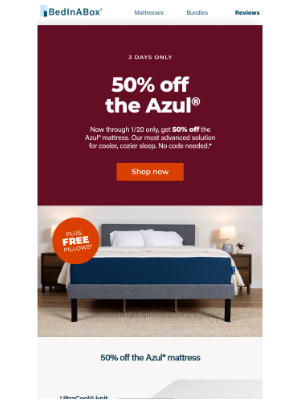 BedInABox - 50% off the Azul® mattress.