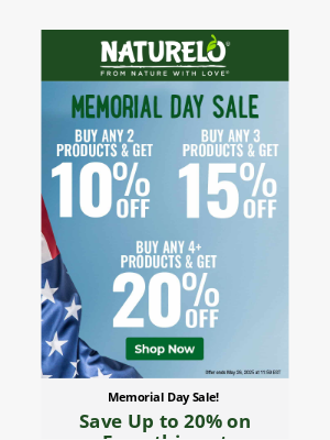 NATURELO Premium Supplements - Save up to 20% Sitewide during our Memorial Day Sale!