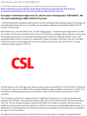 CSL Computer - European Commission Approves CSL and Arcturus Therapeutics' KOSTAIVE®, the First Self-amplifying mRNA COVID-19 Vaccine