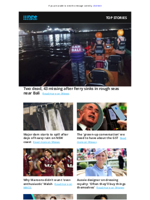 9NOW (Australia) - Lunch wrap: Dozens missing after ferry sinks near Bali | Should the GST be raised?