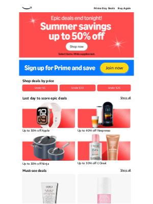 Amazon - Up to 50% off last-day deals! Prime Day ends tonight