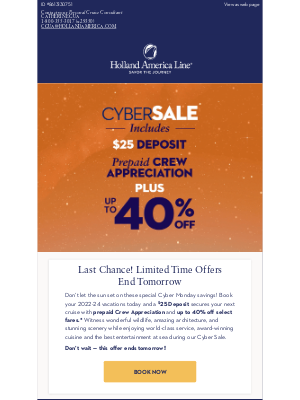 Holland America Line - Ends Tomorrow! Cyber Savings of 40% off + $25 deposit and More