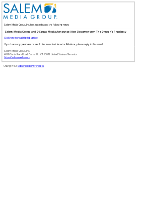 Salem Web Network - Salem Media Group and D’Souza Media Announce New Documentary: The Dragon’s Prophecy