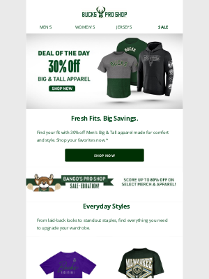 Milwaukee Bucks - 30% Off Big & Tall Styles – Today Only