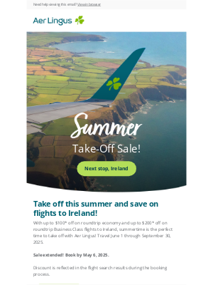 Aer Lingus - Sale Extended! Take off up to $200 on Summer Flights