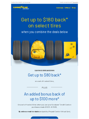 Goodyear Auto Service - Valued Customer, ready to get up to $180 back on select tires?