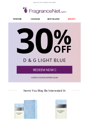 FragranceNet - 30% OFF | D & G Light Blue & more...