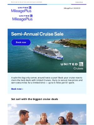 United Airlines - Hurry, earn up to 6 miles per $1 during our Semi-Annual Cruise Sale