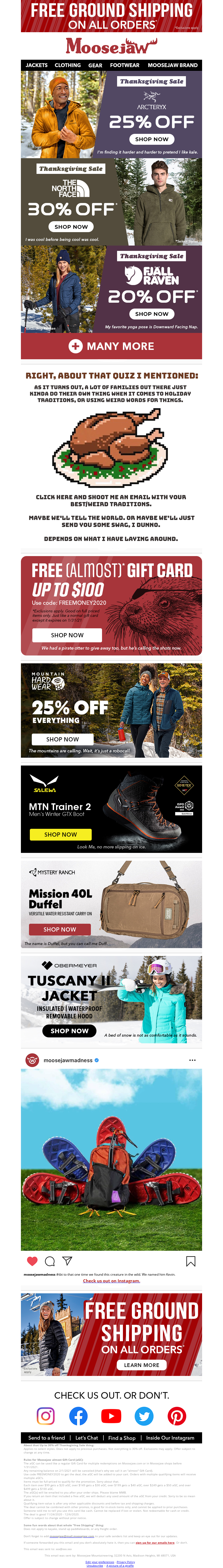 Promotional thanksgiving email example from Moosejaw
