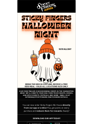 Sticky Fingers Ribhouse - Reminder: Kids Eat Free on Halloween!