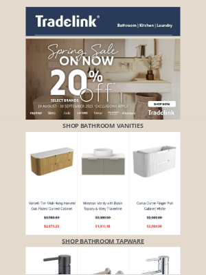 Tradelink (Australia) - 🌼 Save 20% - Spring Sale Happening Now! Vanities + more