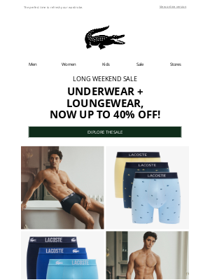 Lacoste - WEEKEND SALE. Up to 40% Off Underwear + Loungewear.