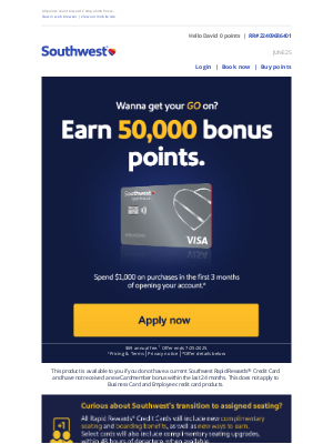 Southwest Airlines - David, earn 50,000 bonus points and 1st checked bag free!