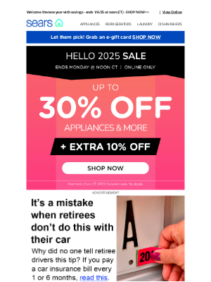 Sears - Hello 2025 Sale! Up to 30% Off Select Appliances + Extra 10% Off!