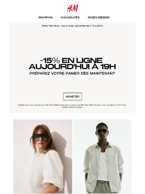 H&M (France) - Aujourd'hui : -15% en ligne à 19h