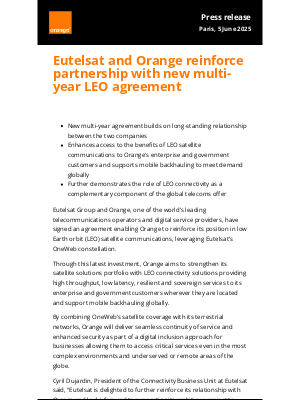 Orange - Eutelsat and Orange reinforce partnership with new multi-year LEO agreement