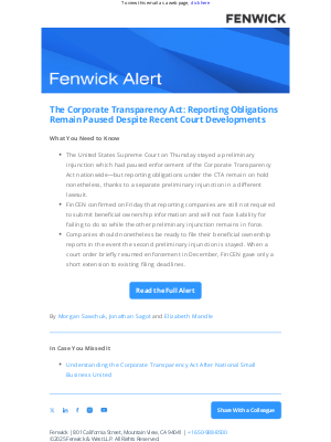 [Fenwick Alert] The Corporate Transparency Act: Reporting Obligations Remain Paused Despite Recent Court Developments