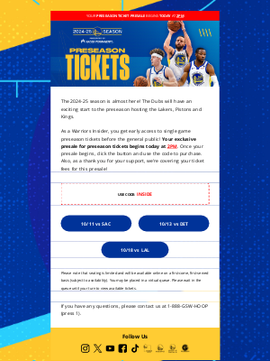 Golden State Warriors - Today at 2PM: Warriors Preseason Tickets Presale