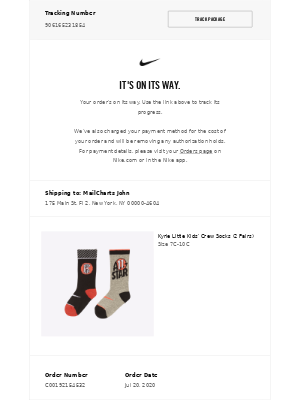 Shipping confirmation email from Nike