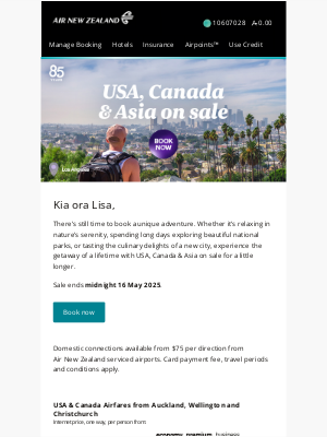 Air New Zealand - Lisa, get in quick for our USA, Canada & Asia sale