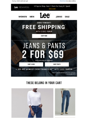 Lee Jeans - Ends Tonight: Free Shipping + 2 for $69 Jeans & Pants