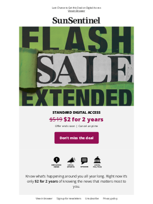 Sun-Sentinel - Final Hours to Save 2 Years for Only $2