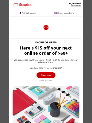 Staples - Just for you - Here's $15 off your order!