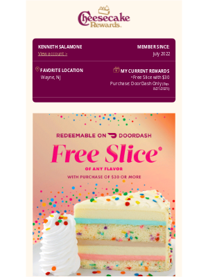 The Cheesecake Factory - Ordering with DoorDash soon? Get a Free Slice! 🍰 🚗
