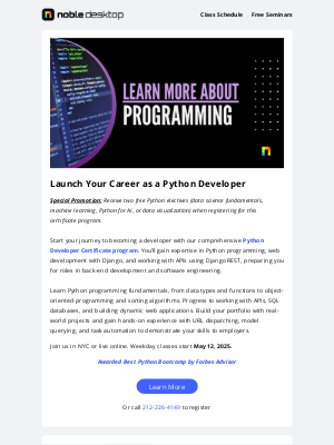 Noble Desktop - Ready to Code? Python Developer Certificate + 2 Free Electives!