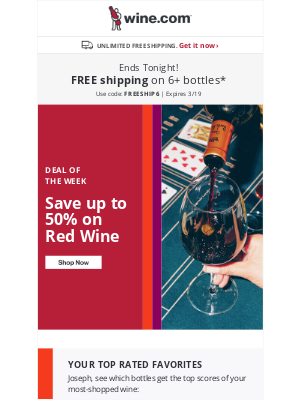 Wine - Free shipping ends TONIGHT + Up to 50% off red wine